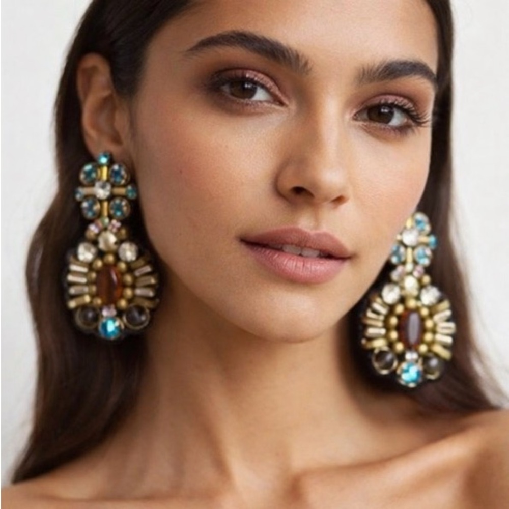 Ranjana Khan Embellished Oval Statement Earrings with Turquoise Accents